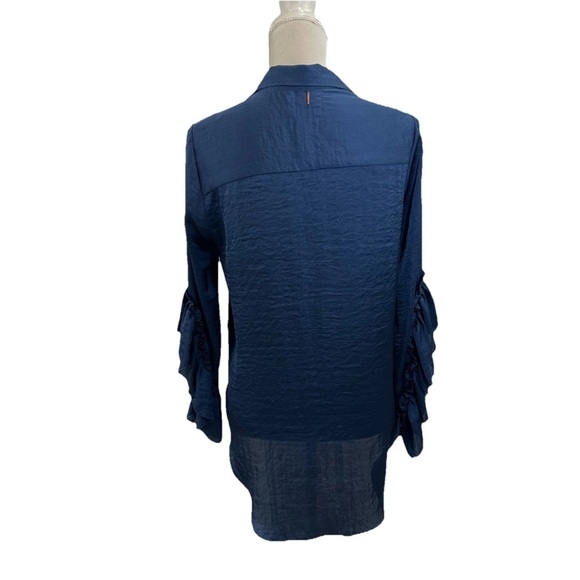 MISA Silky Romantic Button Blouse Womens Medium 3/4 Sleeves Ruffle Blue Satin - Picture 3 of 9